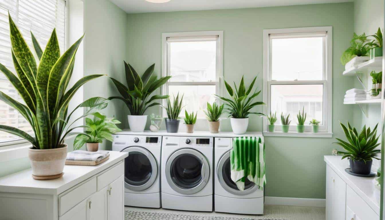 Tranquil laundry room adorned with greenery