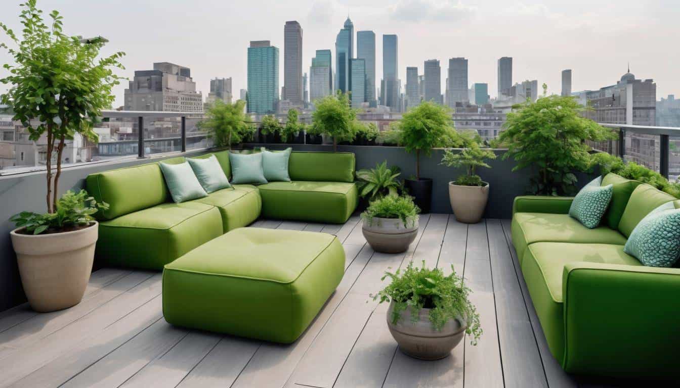 Urban rooftop garden with green decor