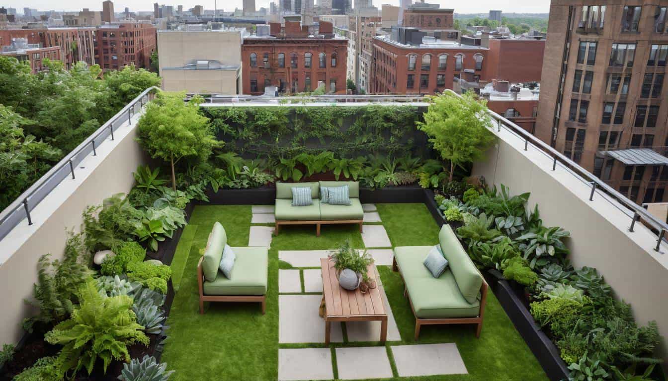 Urban rooftop garden with green decor