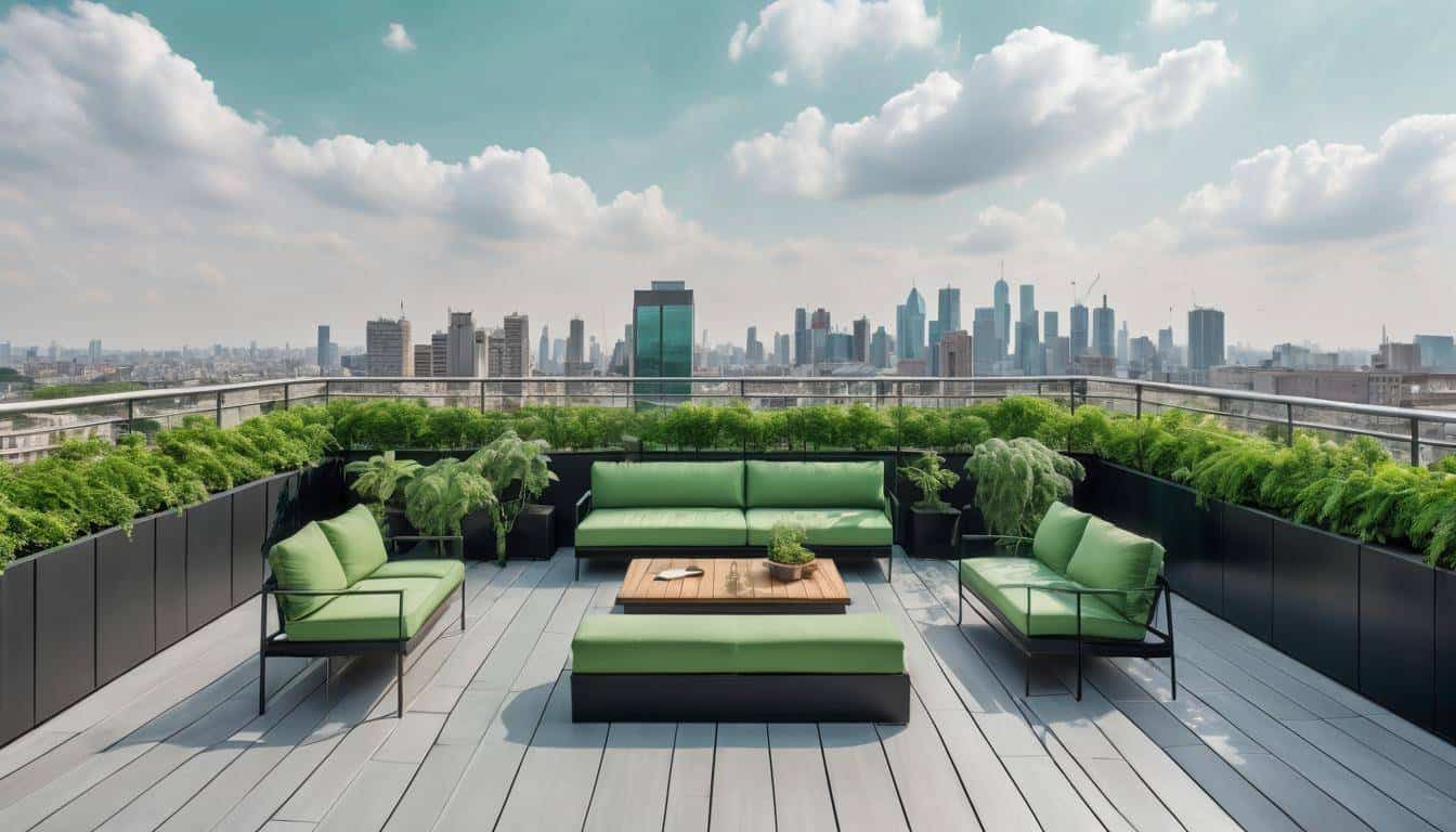 Urban rooftop garden with green theme