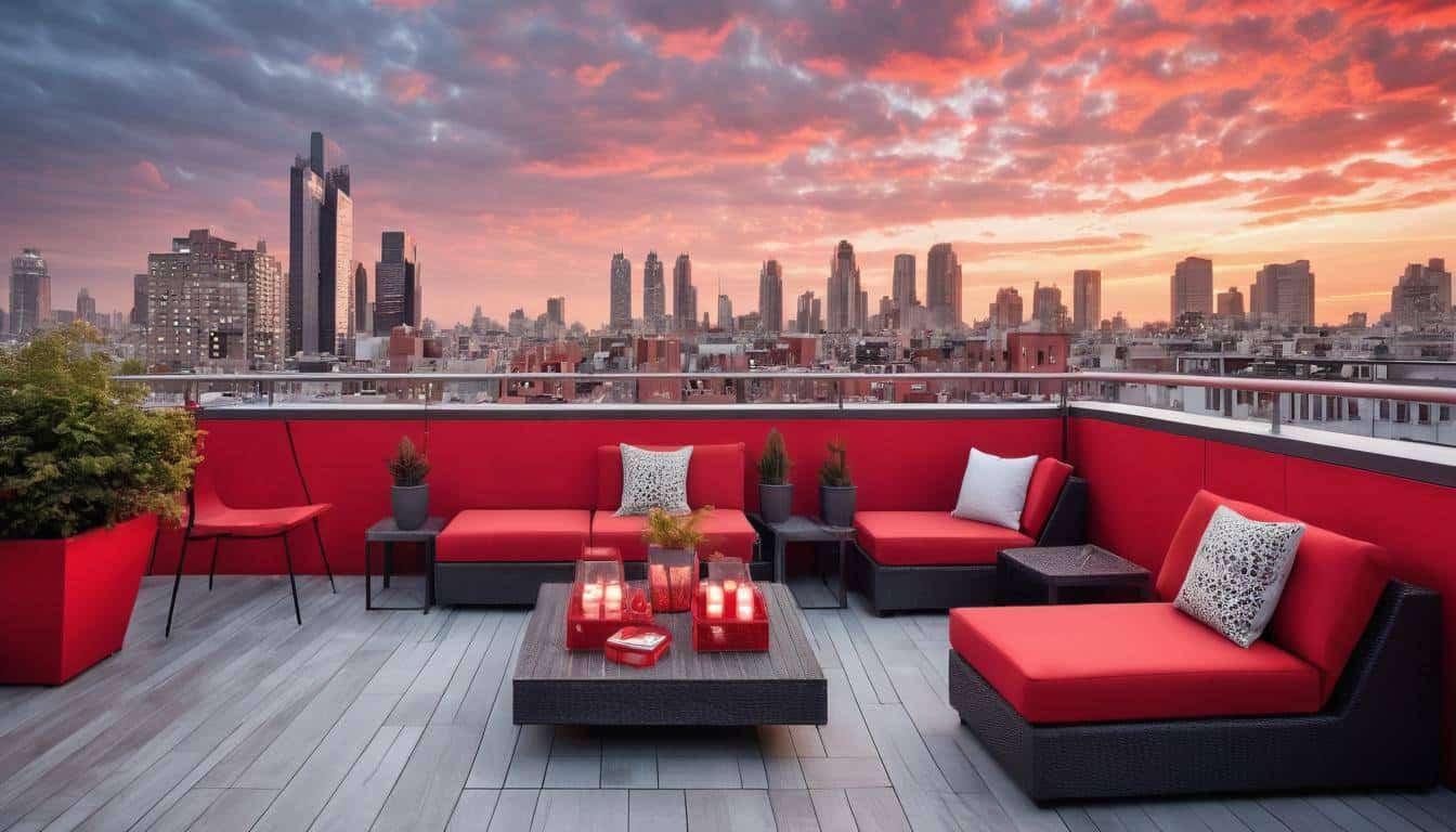 Urban rooftop with red decor