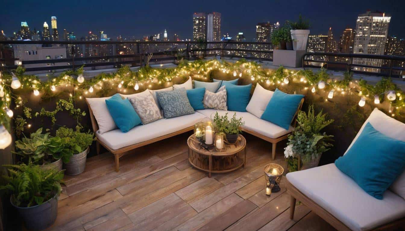 Vibrant blue rooftop balcony