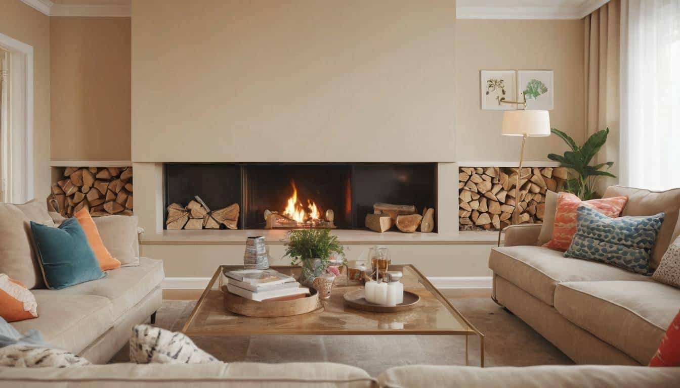 Vibrant social living space with beige fireplace