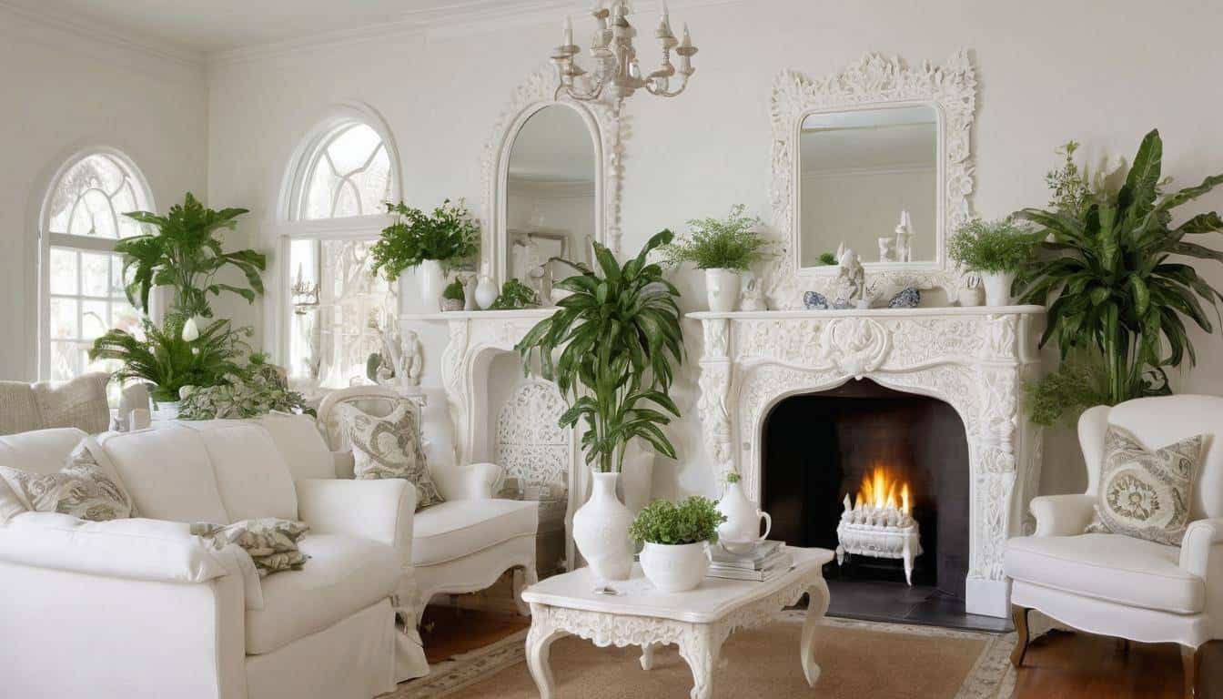 White fireplace with decorations