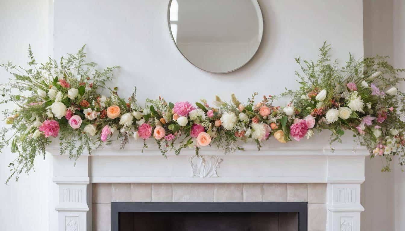 White fireplace with floral decor