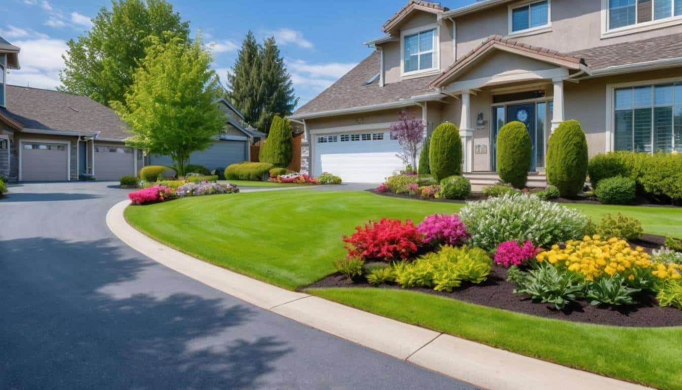 Blue driveway with flowers