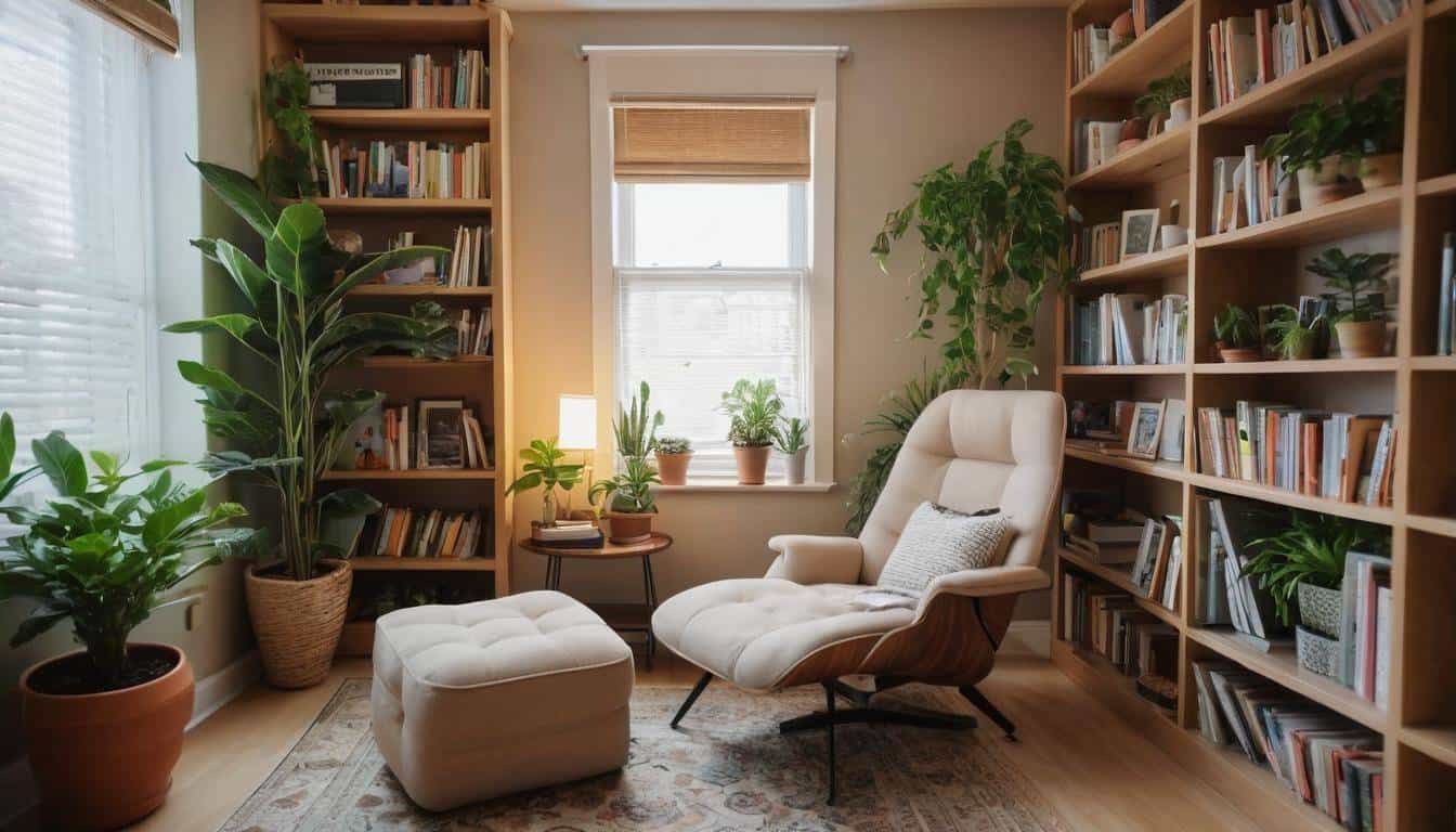 Cozy reading nook with plants