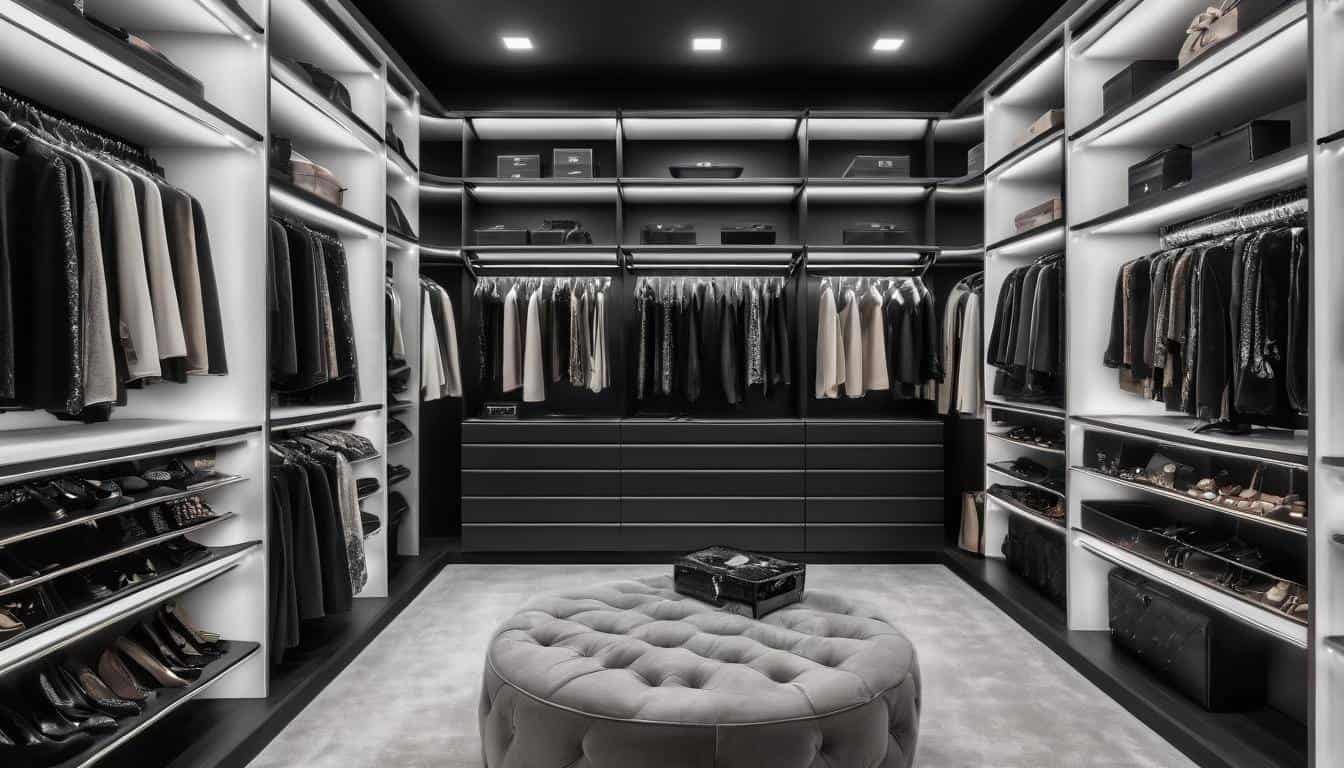 Elegant black walk-in closet