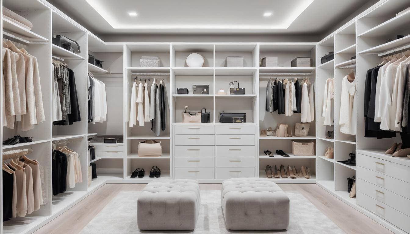 Elegant white walk-in closet