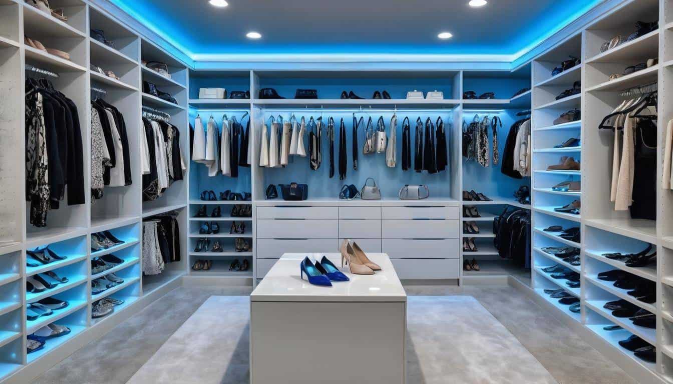 Glowing blue walk-in closet