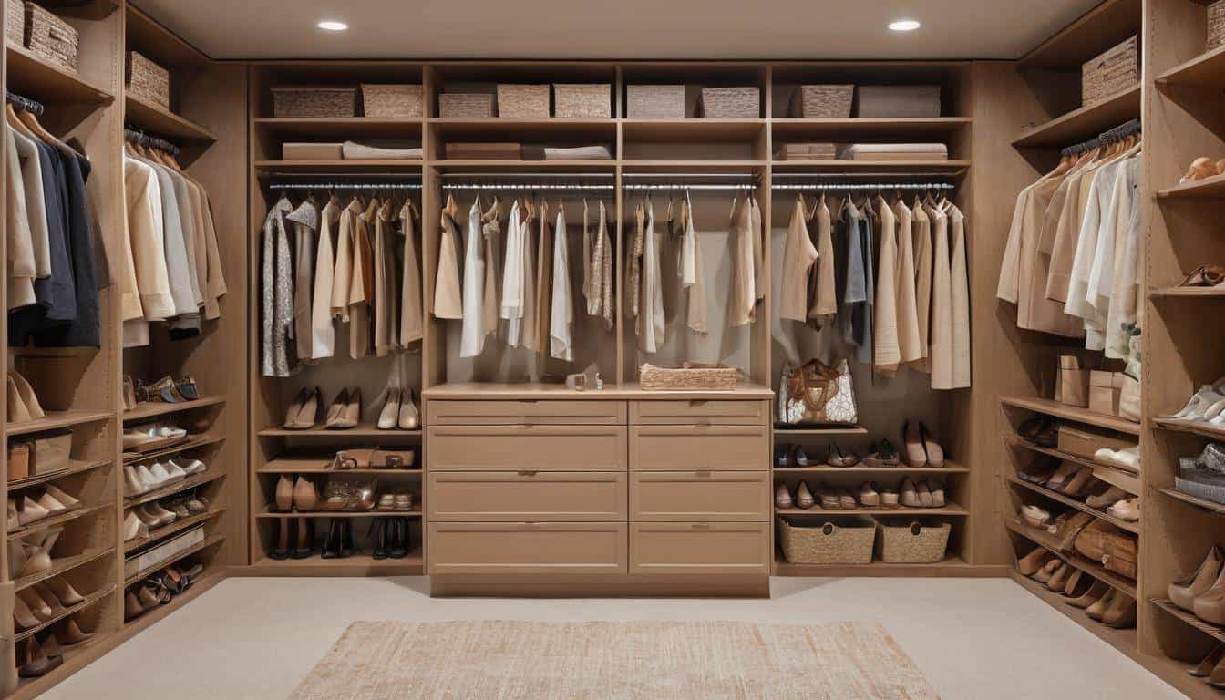 Light brown walk-in closet organization