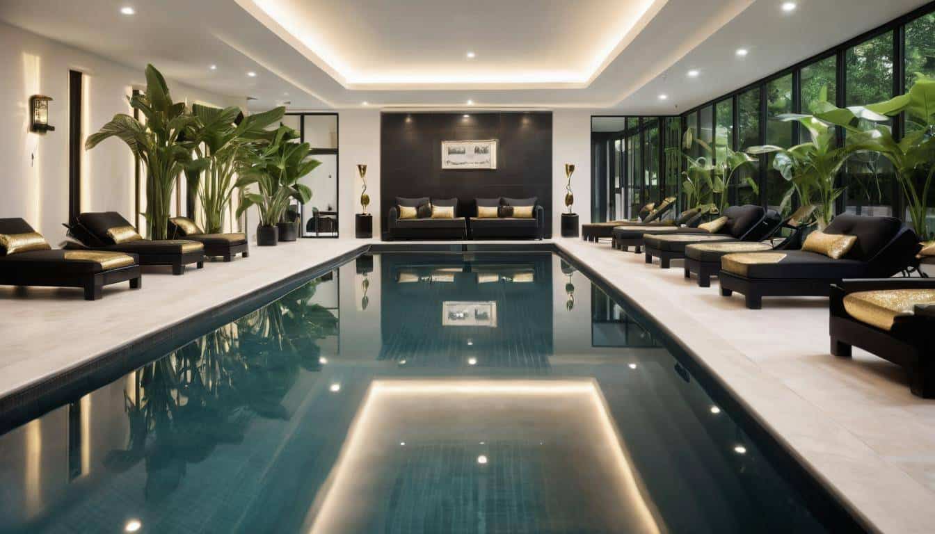 Luxurious black furniture in indoor pool