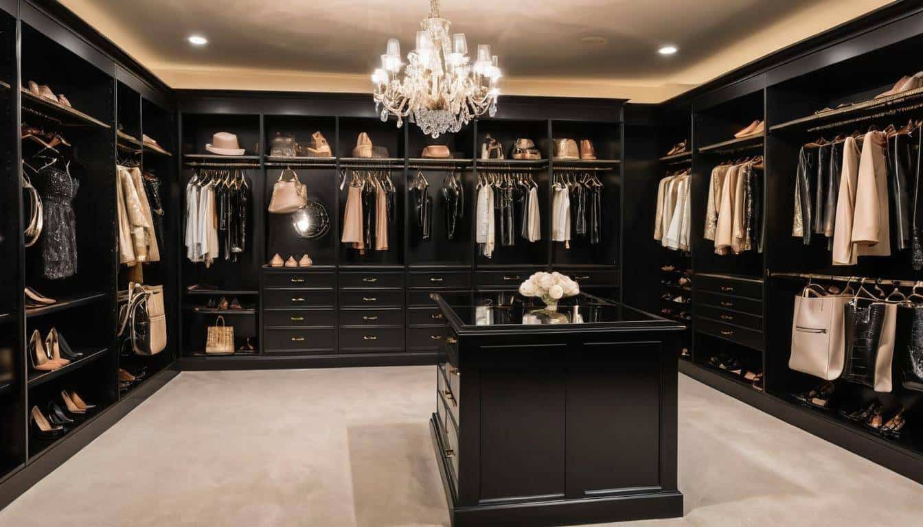 Luxurious black walk-in closet