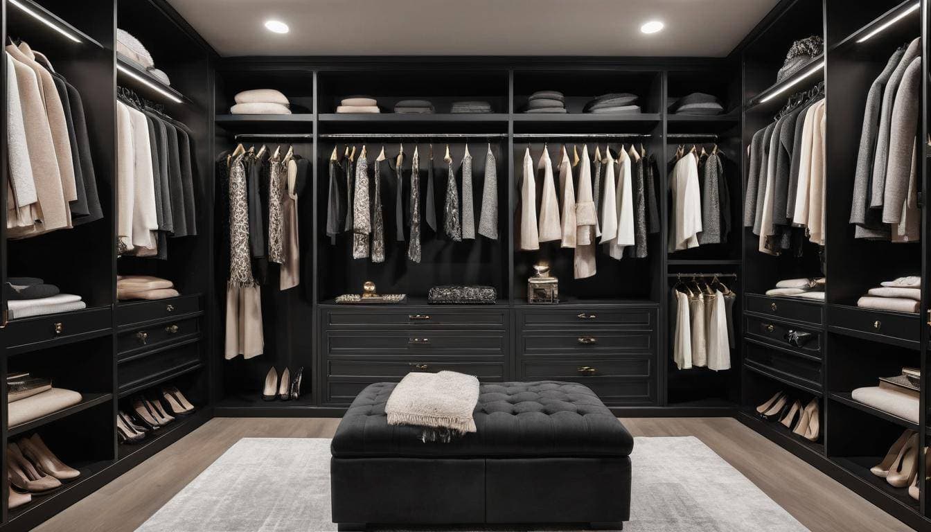 Luxurious black walk-in closet