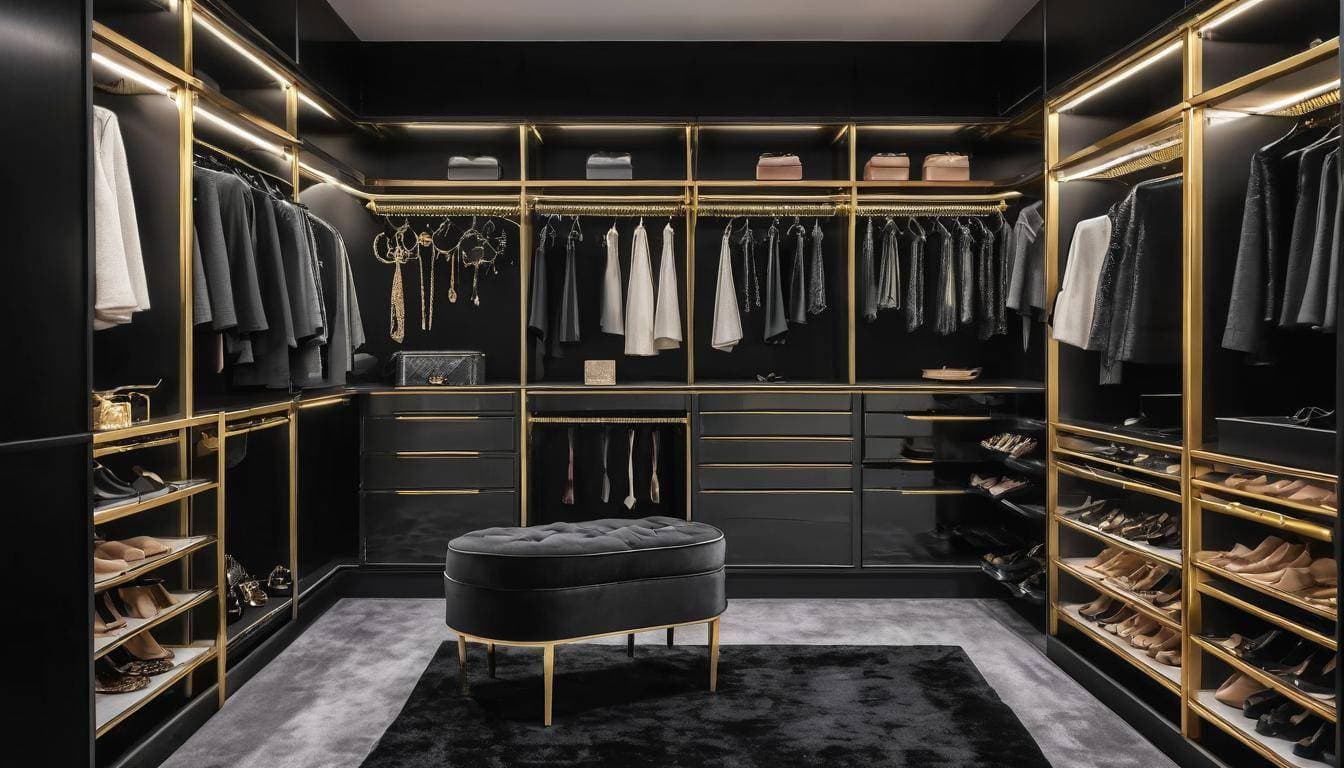 Luxurious black walk-in closet