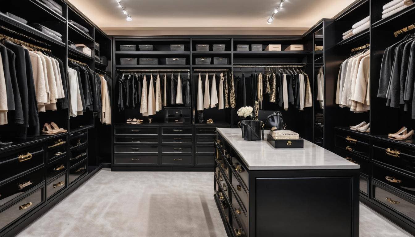 Luxurious black walk-in closet