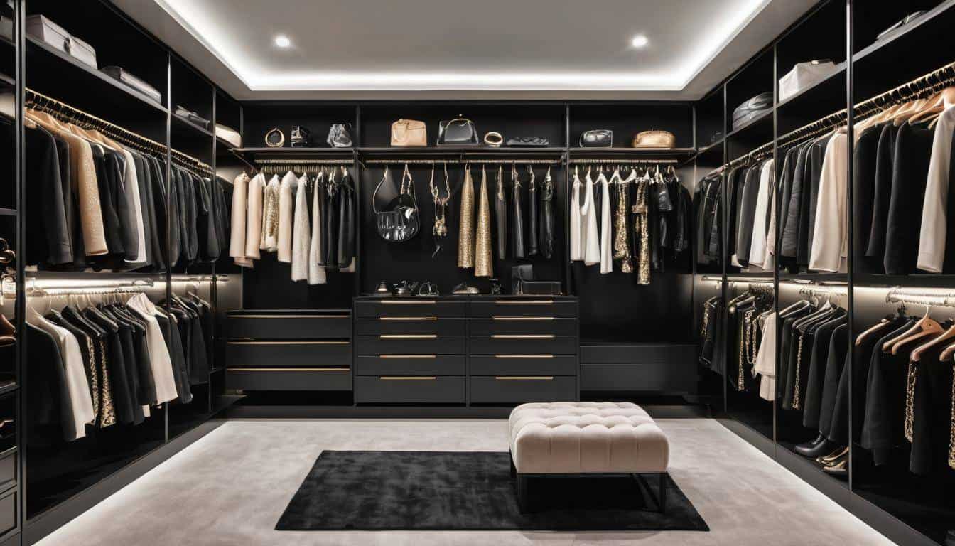 Luxurious black walk-in closet