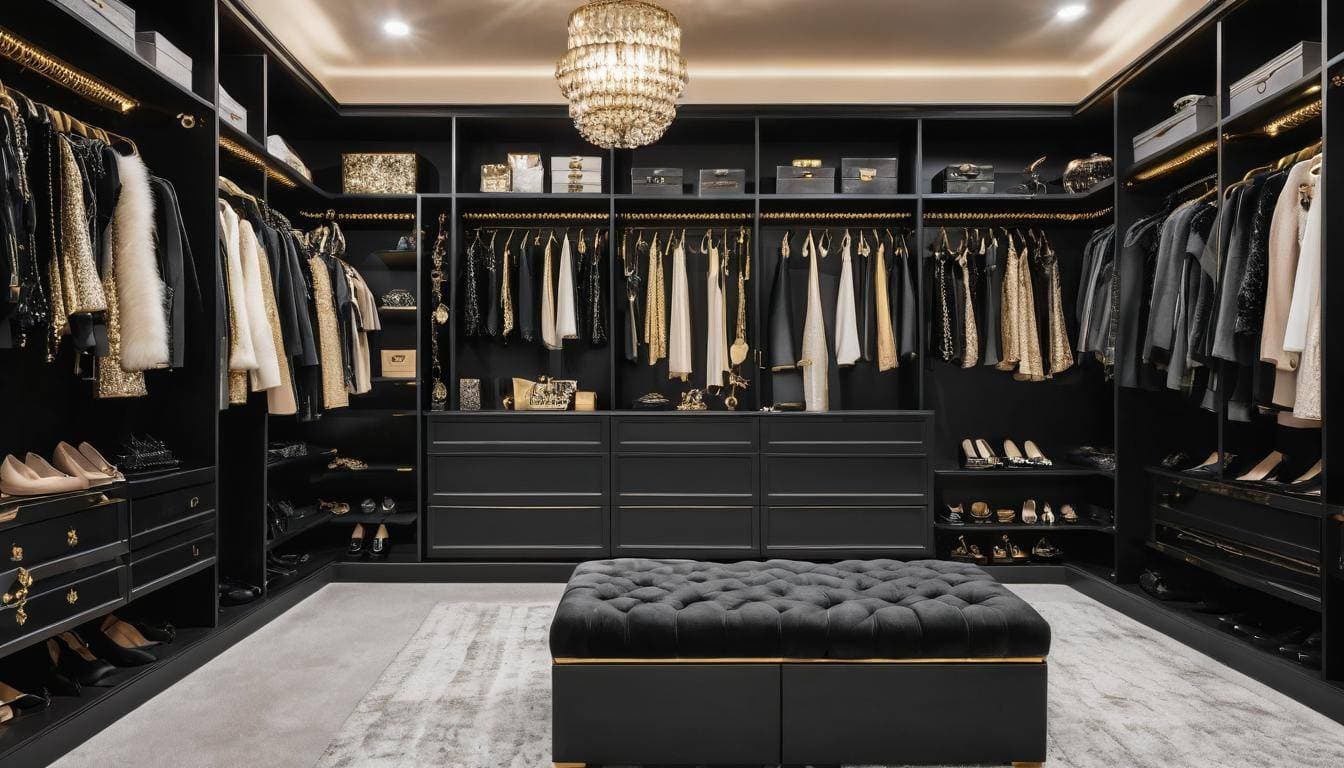 Luxurious black walk-in closet