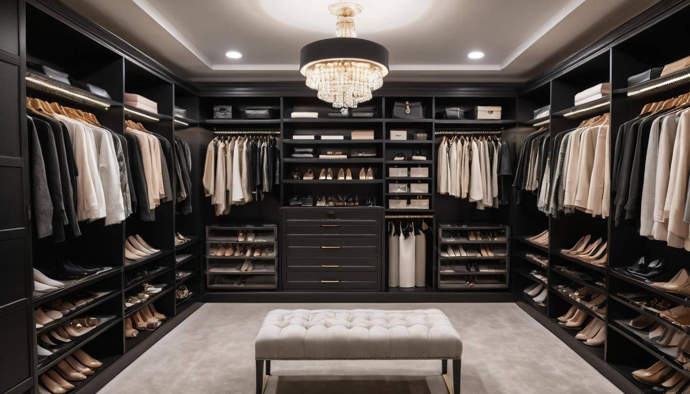 Luxurious black walk-in closet