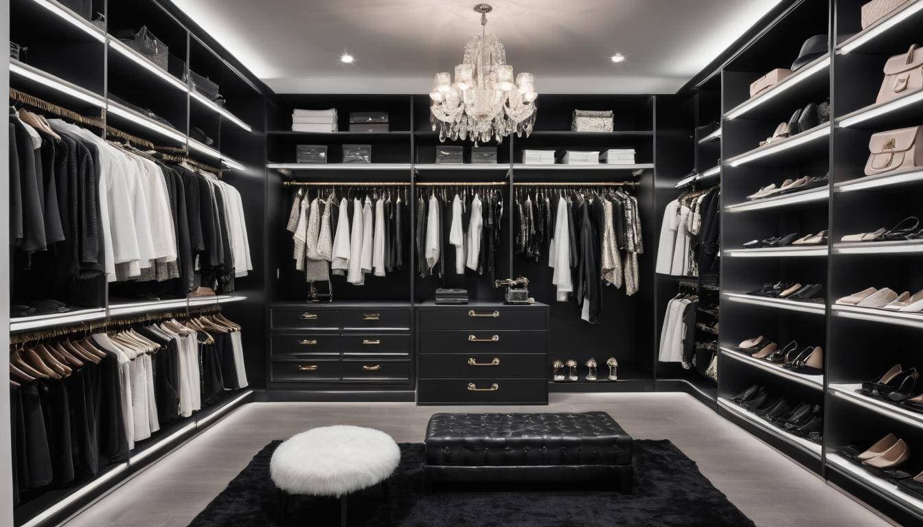 Luxurious black walk-in closet