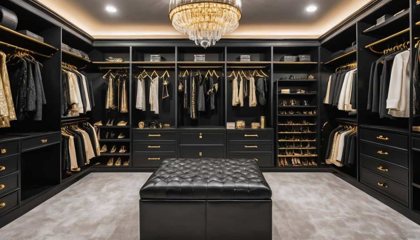 Luxurious black walk-in closet