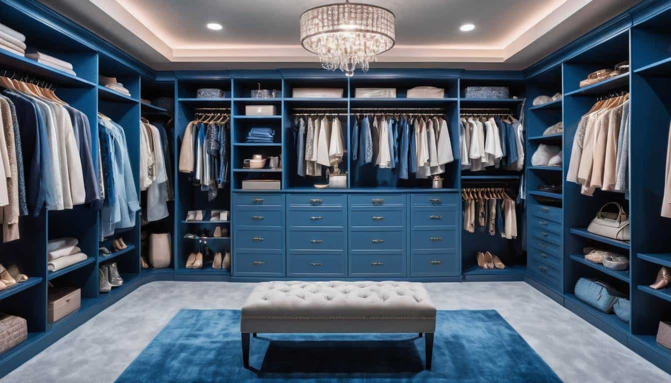 Luxurious blue walk-in closet