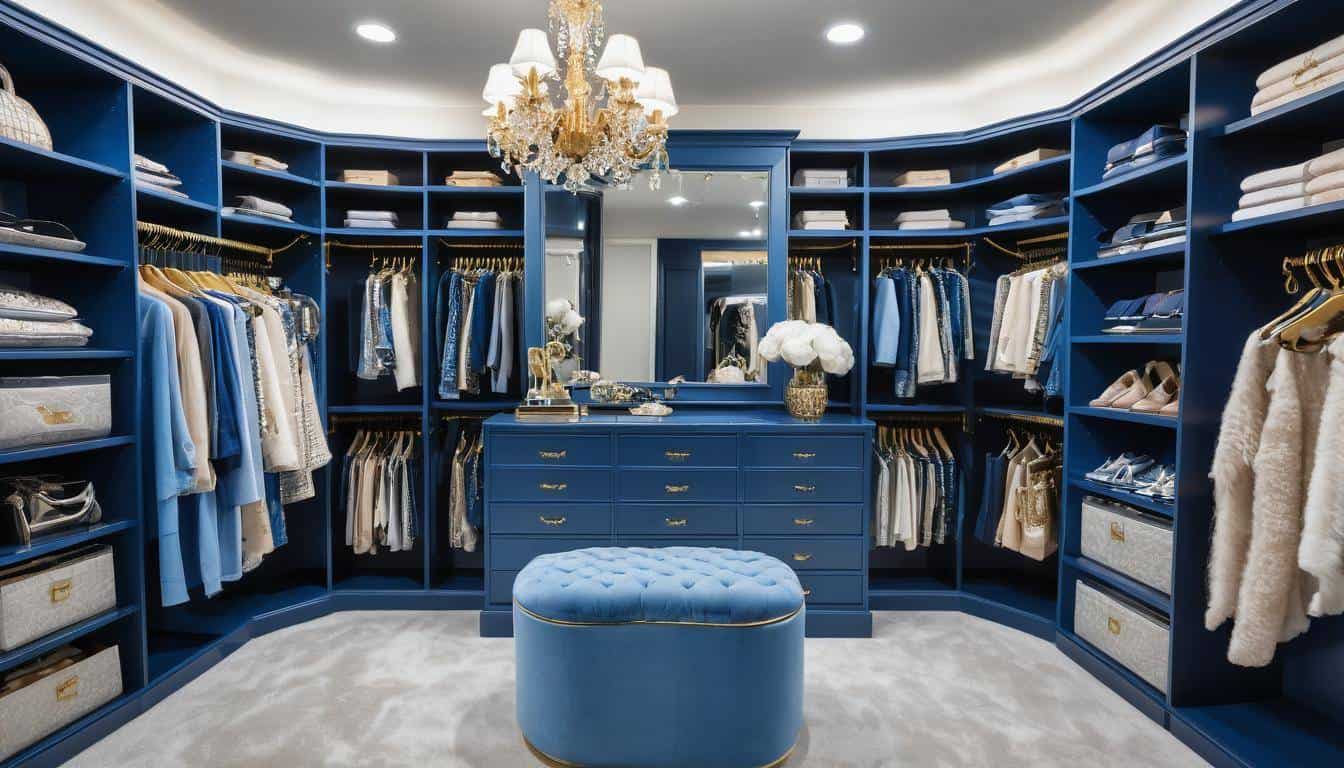 Luxurious blue walk-in closet