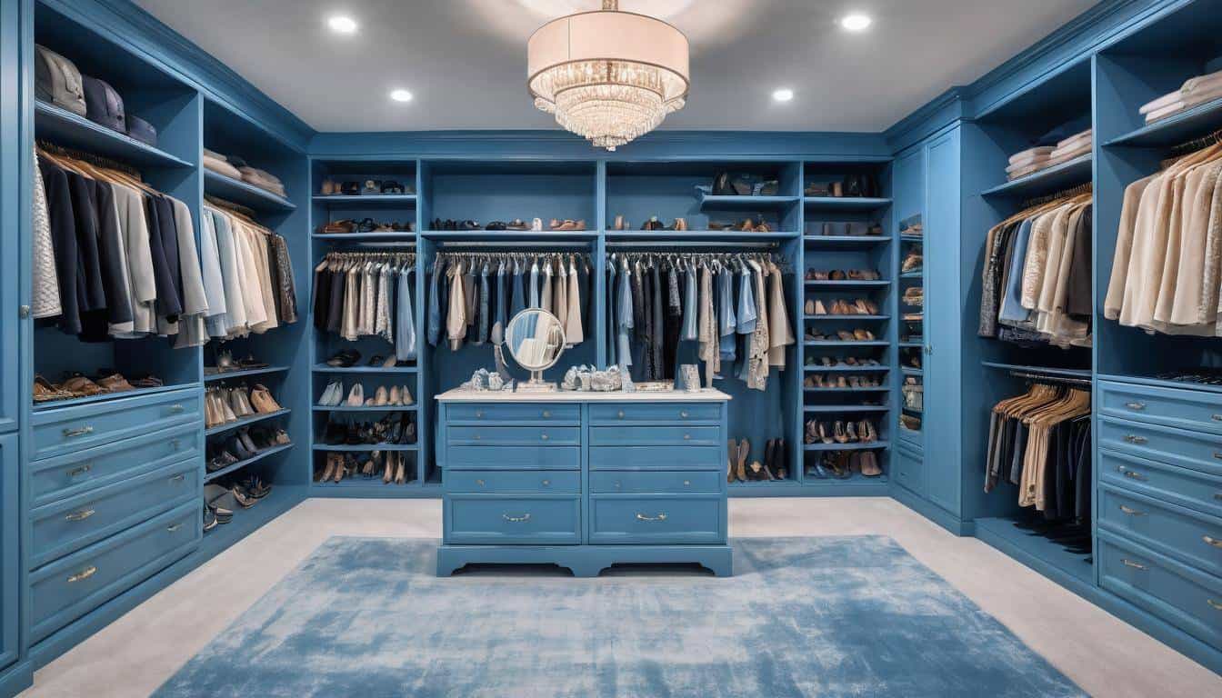 Luxurious blue walk-in closet