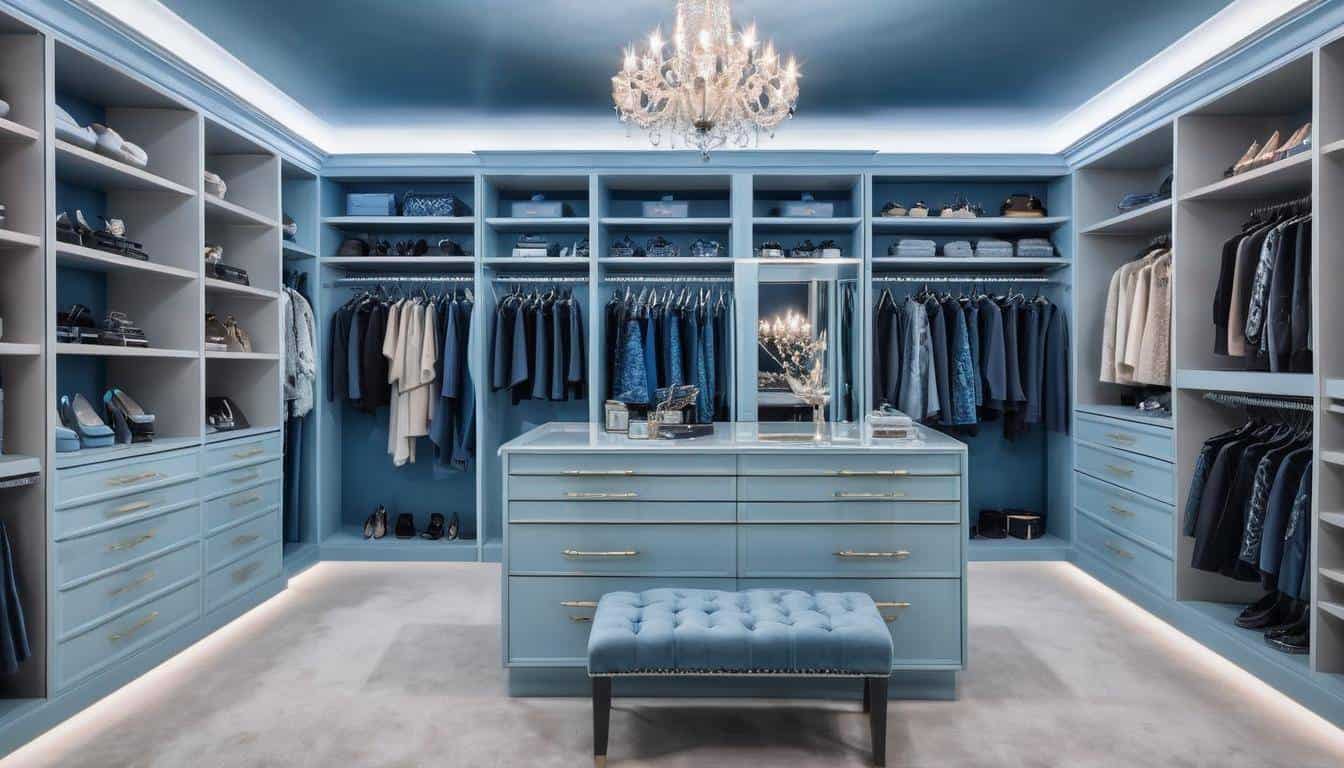 Luxurious blue walk-in closet