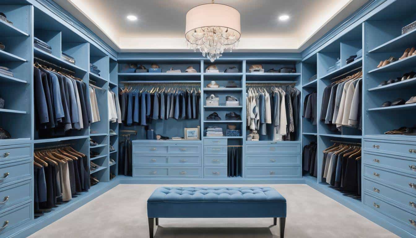 Luxurious blue walk-in closet