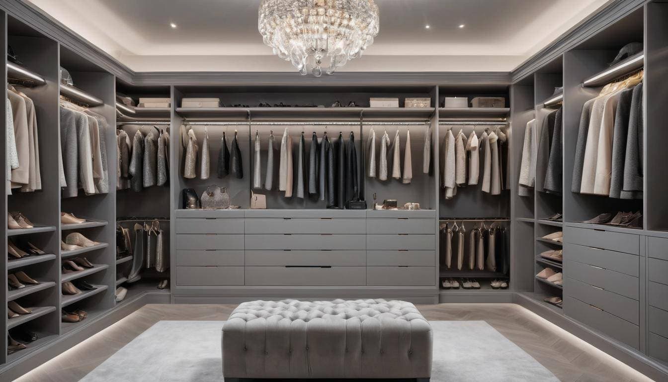 Luxurious grey walk-in closet