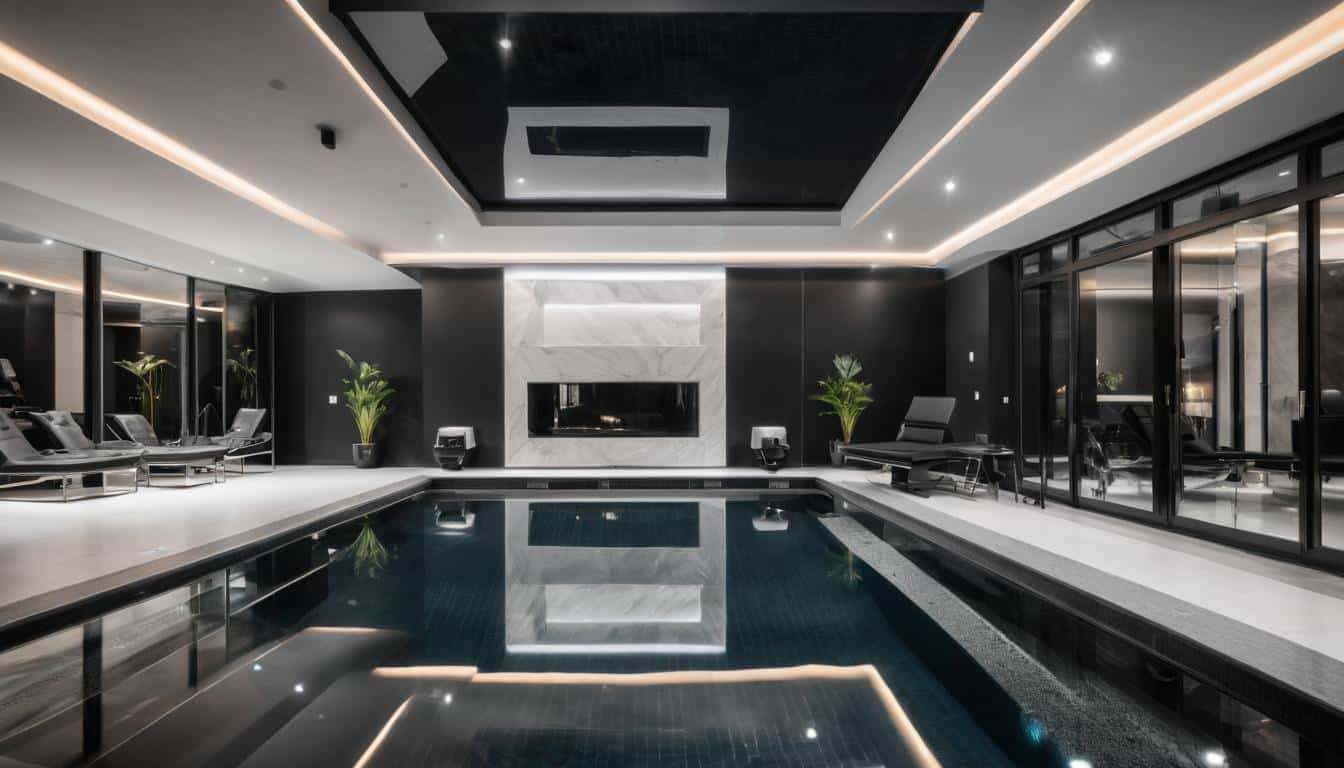 Luxurious indoor pool with black furniture