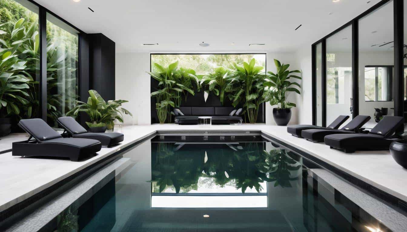 Luxurious indoor pool with black furniture