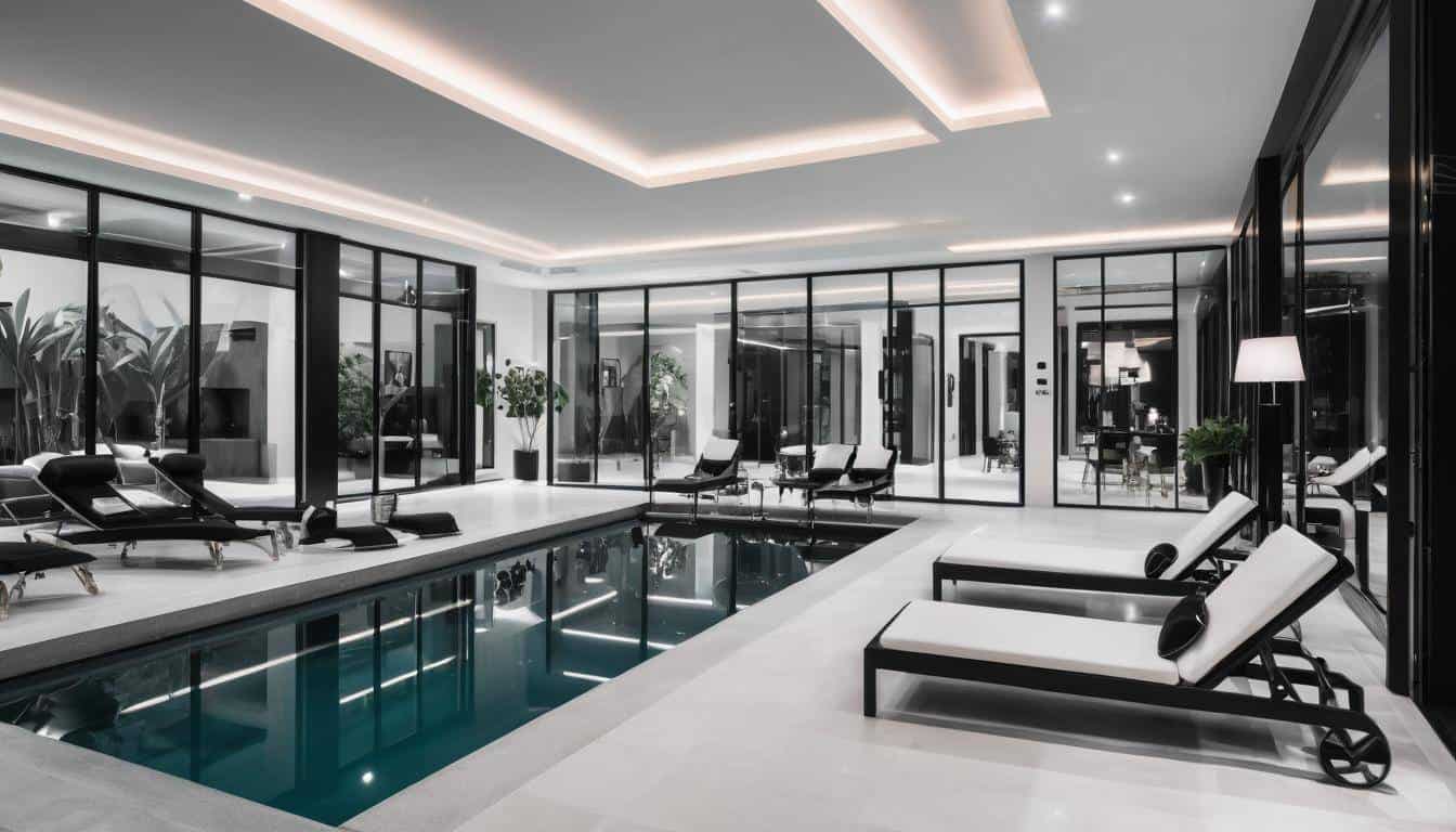 Luxurious indoor pool with black furniture