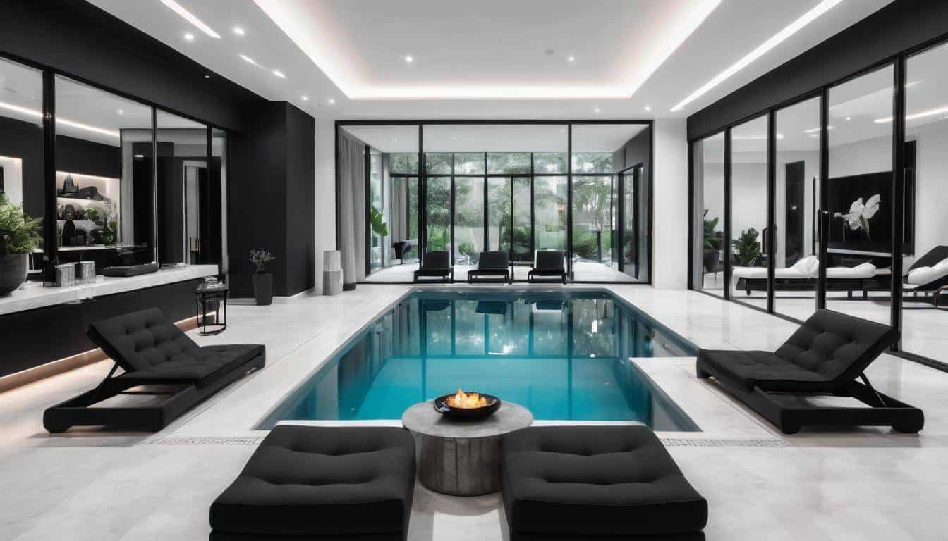 Luxurious indoor pool with black furniture