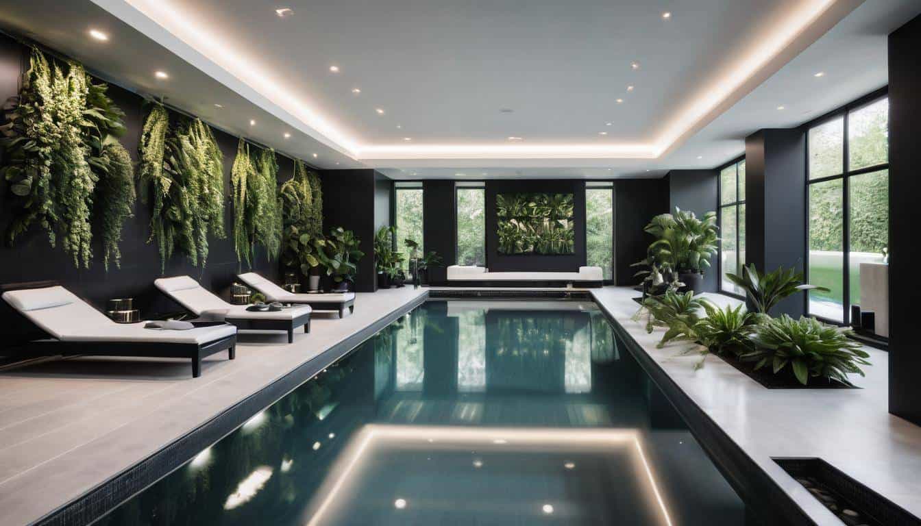 Luxurious indoor pool with black furniture