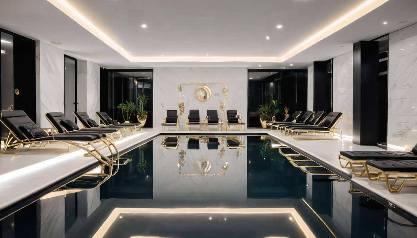 Luxurious indoor pool with black furniture