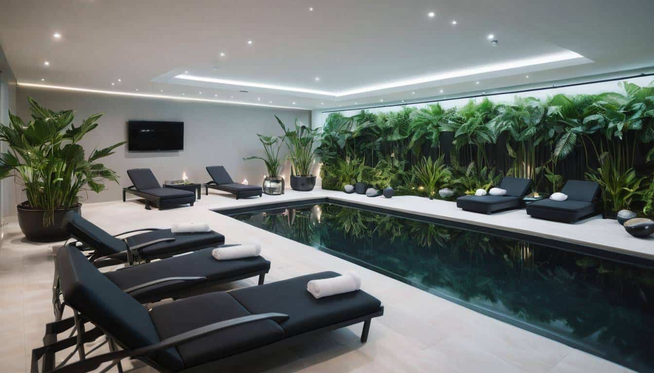 Luxurious indoor pool with black furniture