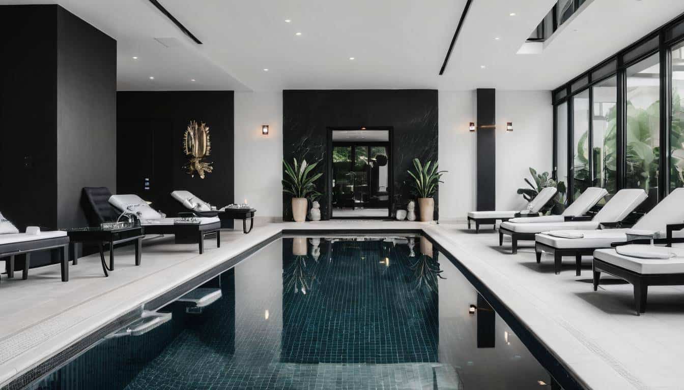 Luxurious indoor pool with black furniture