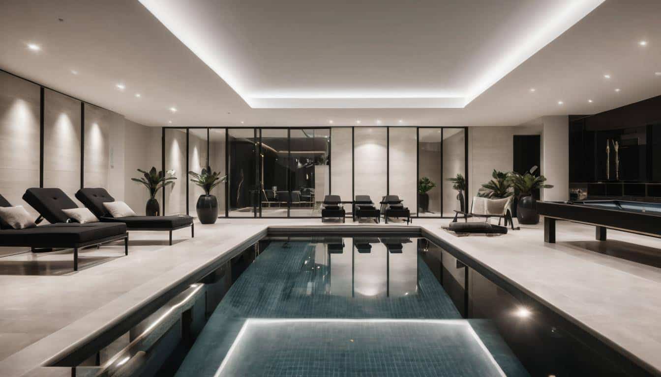 Luxurious indoor pool with black furniture