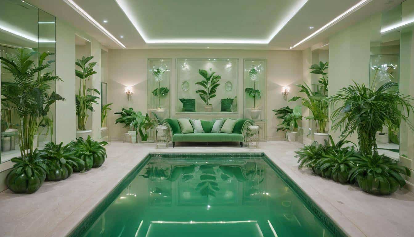 Luxurious indoor pool with green furniture