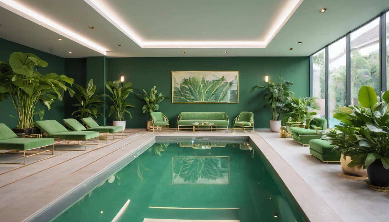 Luxurious indoor pool with green furniture