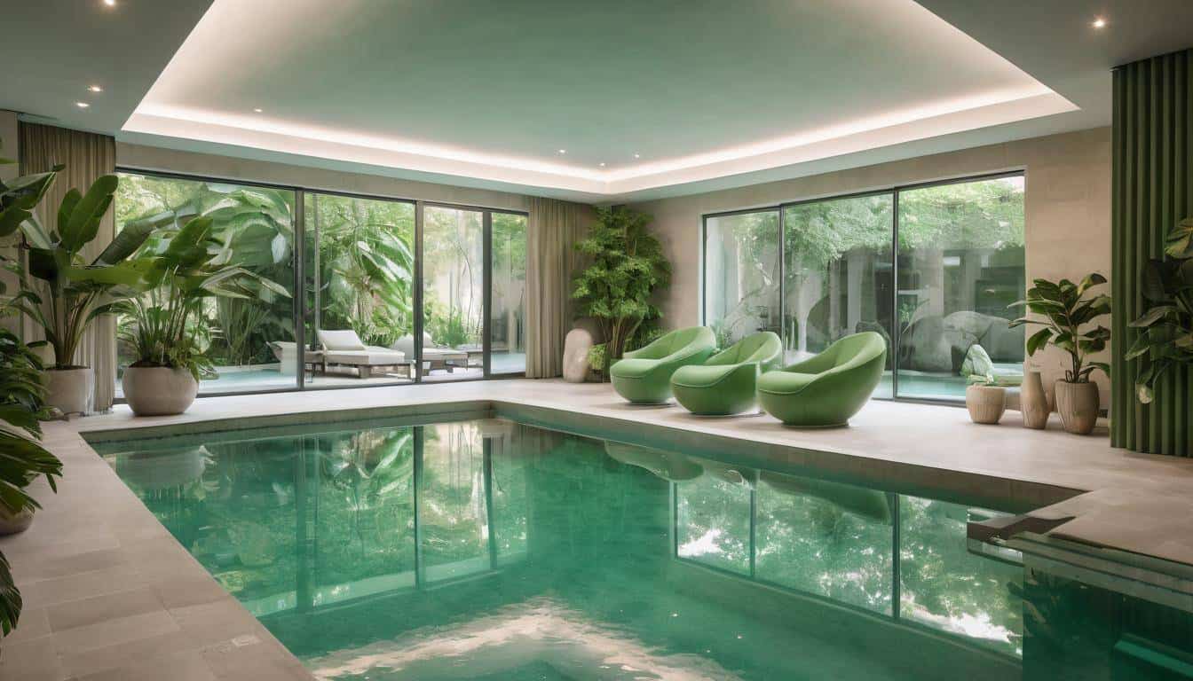 Luxurious indoor pool with green furniture