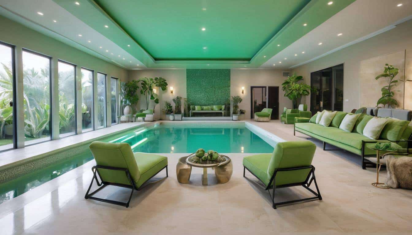 Luxurious indoor pool with green furniture