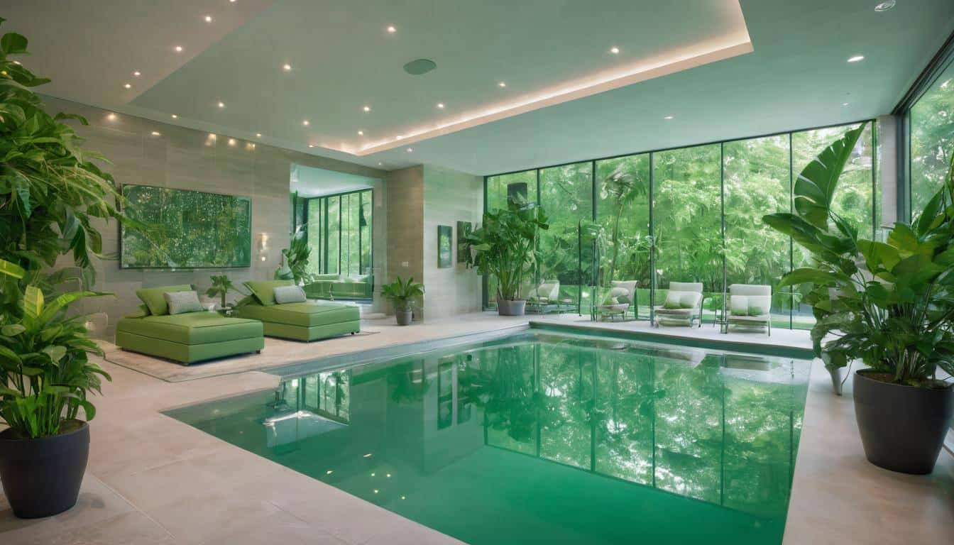 Luxurious indoor pool with green furniture