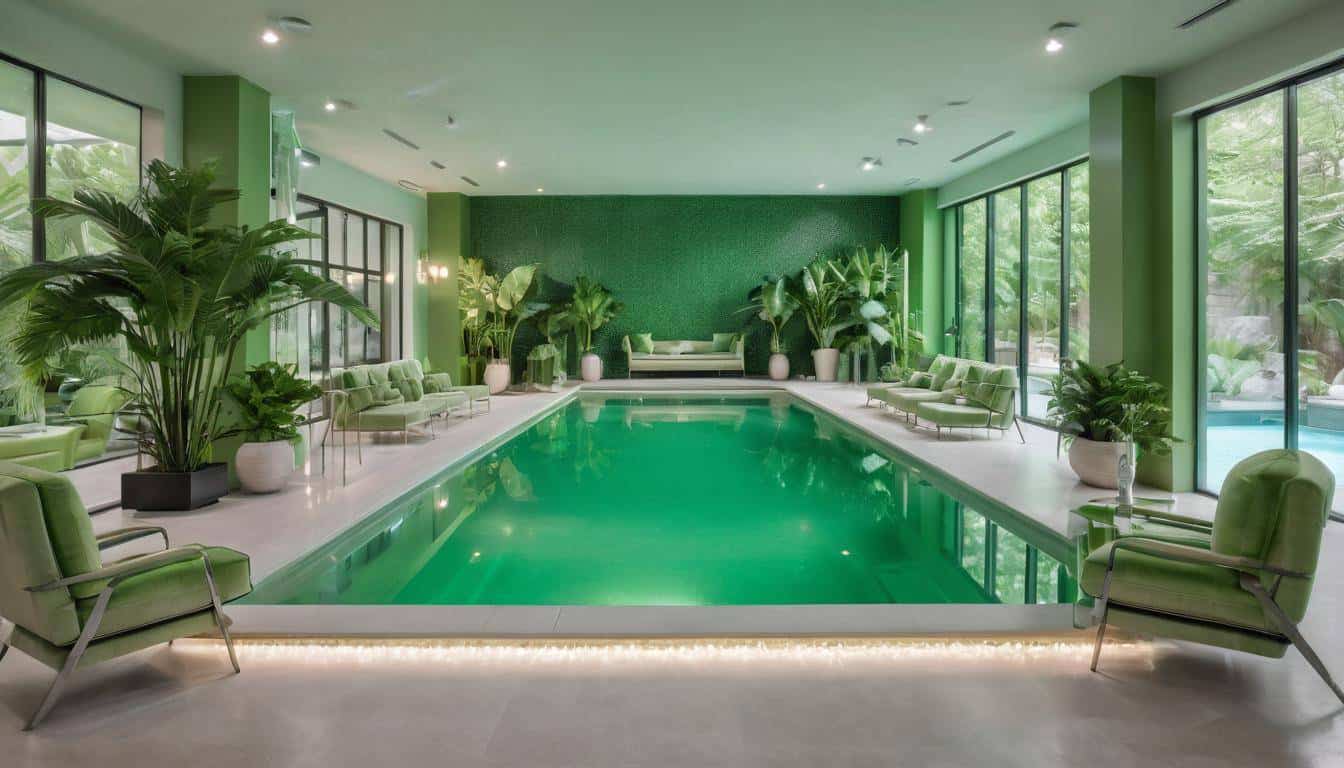 Luxurious indoor pool with green furniture