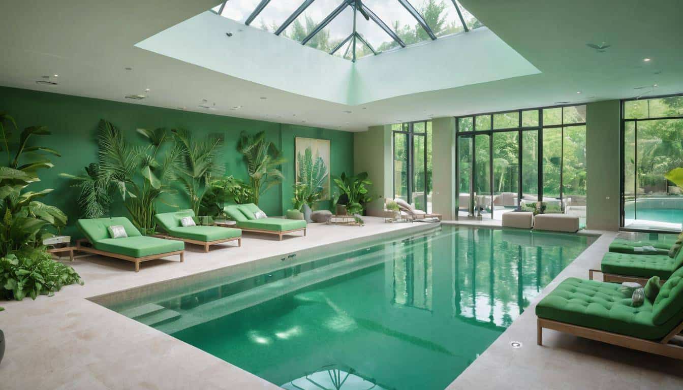 Luxurious indoor pool with green furniture