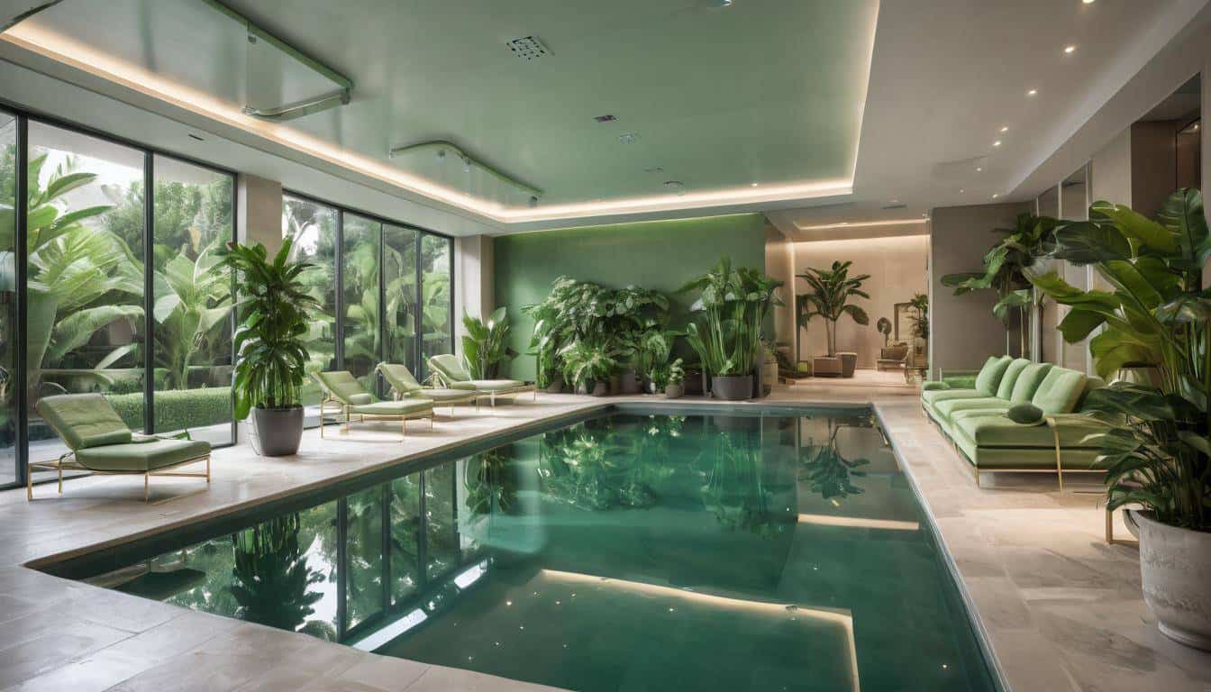 Luxurious indoor pool with green furniture