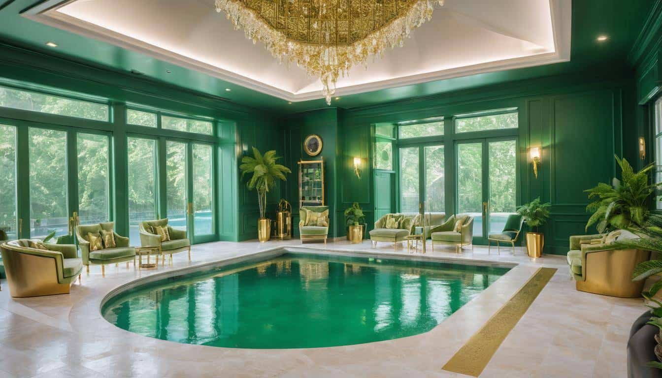 Luxurious indoor pool with green furniture