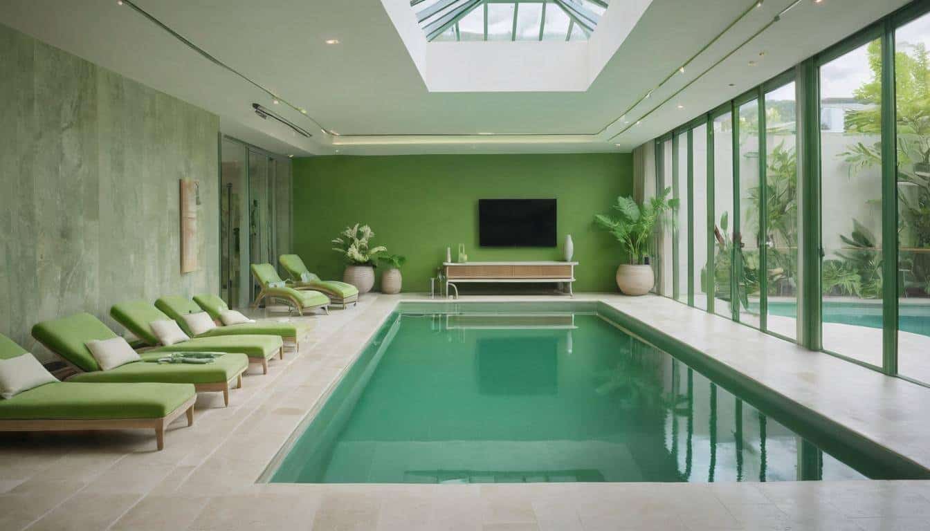 Luxurious indoor pool with green furniture